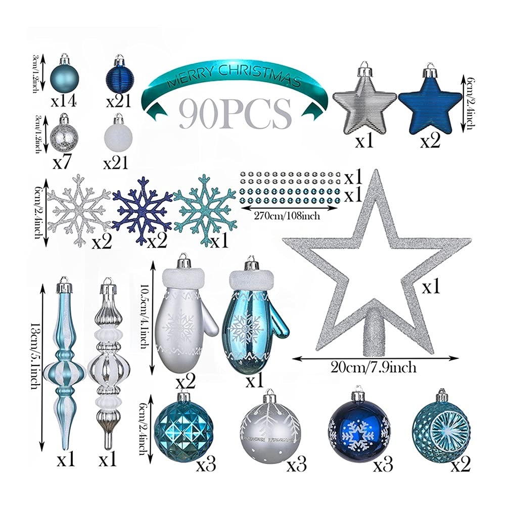 Ozdoba Choinkowa 90 PACK Boże Narodzenie Kulki Ozdoby Xmas Choinki Wiszące Wisiorki Snowflake Na Nowy Rok Wystrój Domu dekoracje świąteczne (Color : 90pcs Silver)