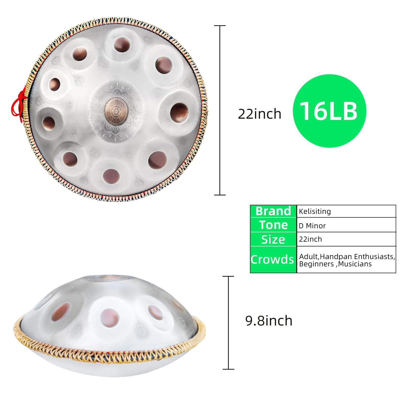 Instrumento Handpan De 10 Notas (Re Menor) Con Diseño De Mandala — Tambor De Lengüetas De Acero Con Bolsa De Transporte — Instrumento De Percusión A 432 Hz Para Adultos
