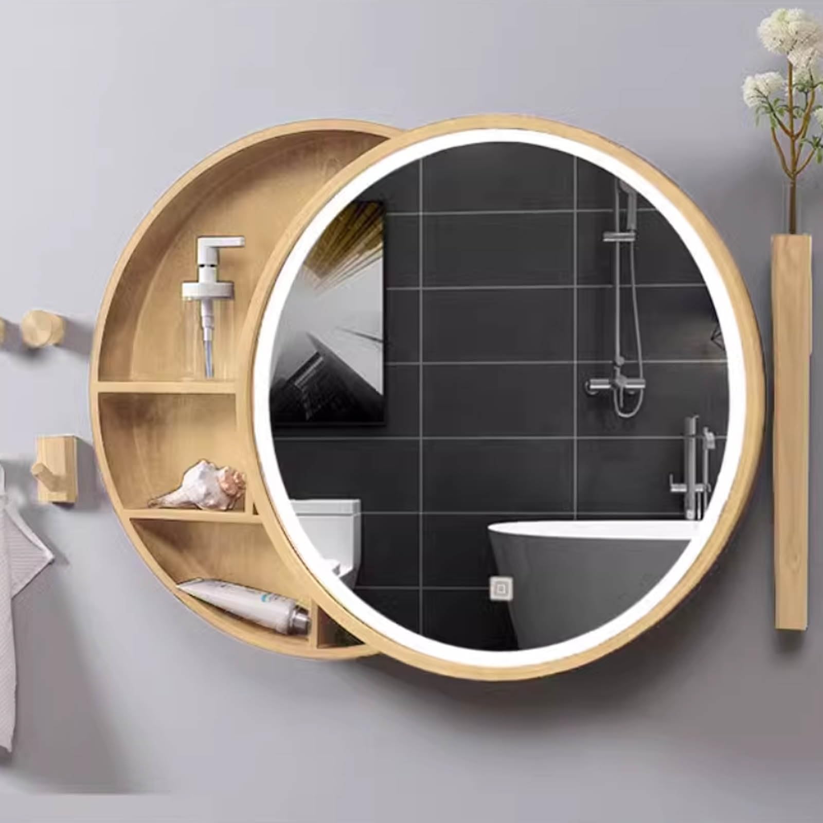 Meuble de salle de bain rond en bois massif avec miroir LED et bande lumineuse, meuble de rangement mural de 50,8 cm – Élégant et fonctionnel