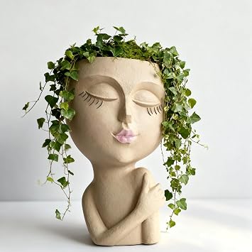 Resin Face Planter with Drainage, Succulent Pot Khaki | Sculpted female face design with drainage hole. Fits succulents & small plants, indoor outdoor decor, unique gift idea.