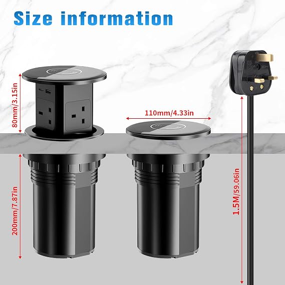 Pop Up Socket with 15W Wireless Charging - 4 AC Outlets, 1 USB Port, and 1 x 20W Type-C Port for Kitchen and Workspace, Overload Protection, Safe Power Solution [UK 13A / 110-250V / 2500W] (Black)