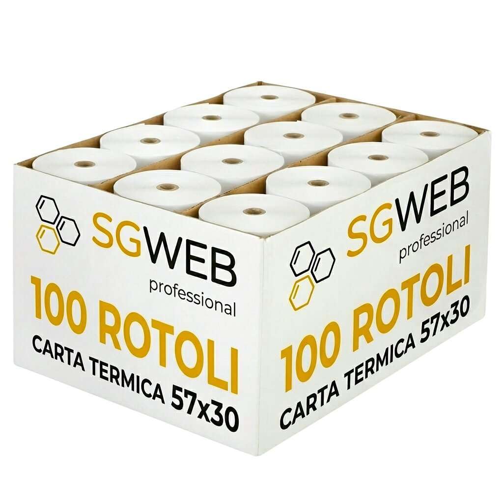 Rotoli Carta Termica 57X30 per Registratore di Cassa Fiscale - Rotolo Scontrini per Stampante Termica e POS, Alta Qualità di Stampa, Foro 12 mm, Senza BPA, Colore Bianco (100 pz)