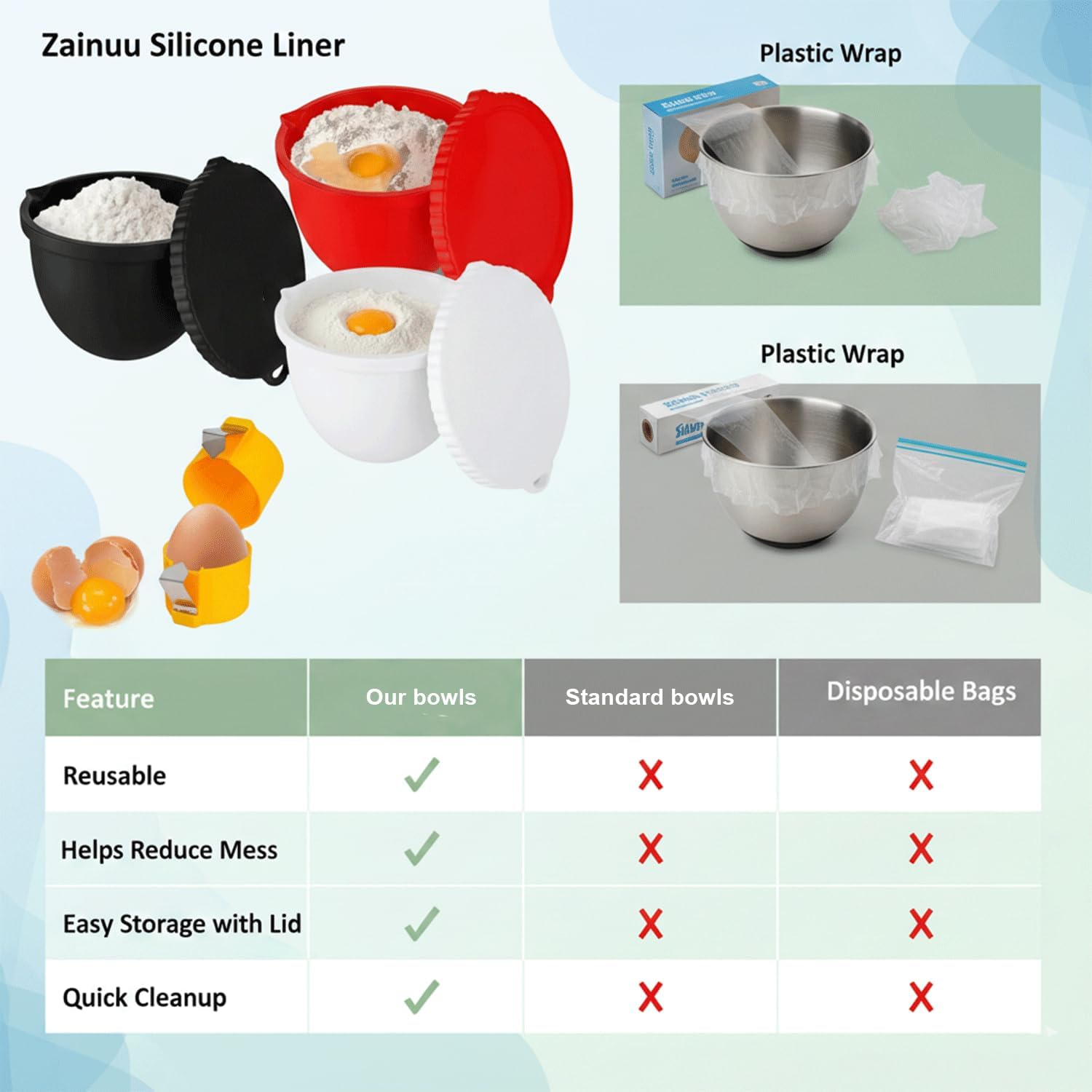 Silicone Mixing Bowl Liners for 5 Qt Tilt-Head Stand Mixer, Stand Mixer Silicone Bowl Liner with Lid, Reusable Silicone Mixer Bowl Liners,kitchen aid bowl liners Insert with an Egg Opener (Pack of 3)