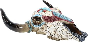 Ebros Gift Western Southwest Steer Bison Buffalo Bull Cow Skull With Mosaic Turquoise and Red Aztec Sun Teardrop Gems Decorative Jewelry Trinket Box Figurine Accent Macabre Ossuary Accent