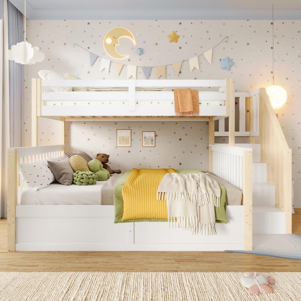 Letto a castello per bambini 90x200cm + 140x200cm,Letto inferiore con spazio di stoccaggio idraulico,Letto a castello in legno massello con scaletta contenitore, Bianco + naturale(Senza materasso)