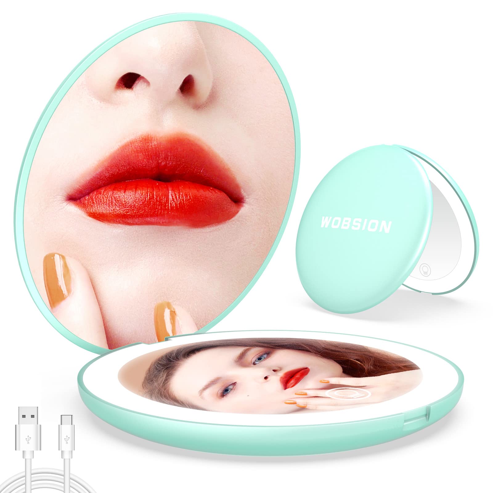 wobsionTravel Makeup Mirror with Lights, Rechargeable Dimmable 26 Leds Light Mirror, 1x/10x Magnification Compact Mirror with Light, 4in Handheld Portable Mirror for Handbag, Gifts for Girls, Cyan