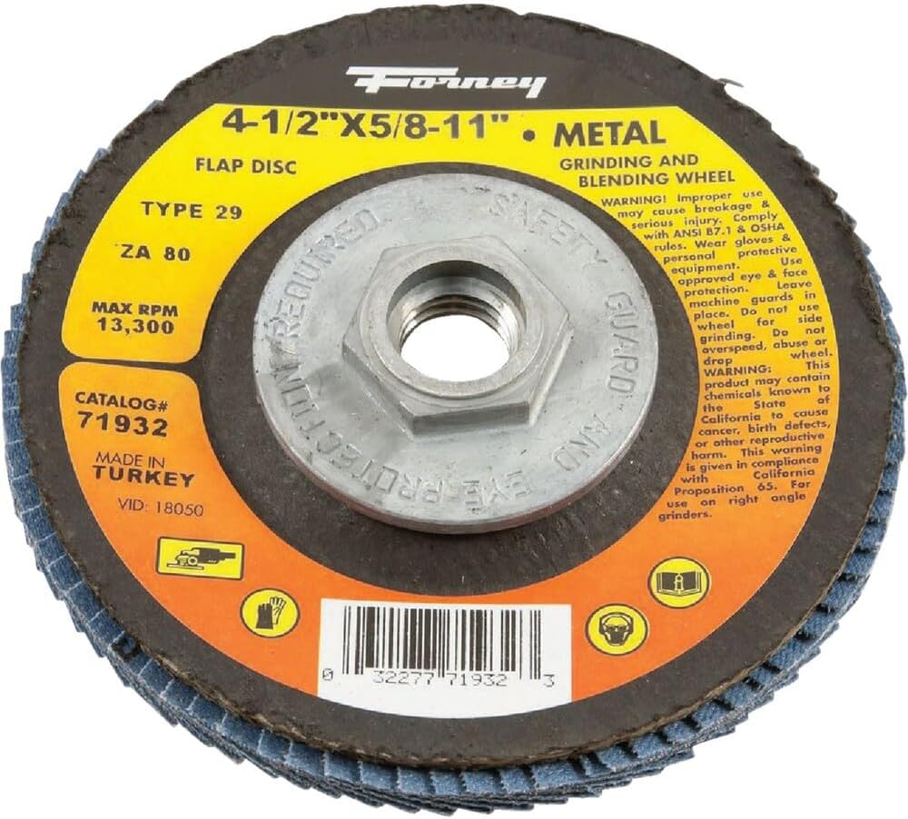 Forney 71933 Flap Disc, Type 29 Blue Zirconia with 5/8-Inch-11 Threaded Arbor, 120-Grit, 4-1/2-Inch