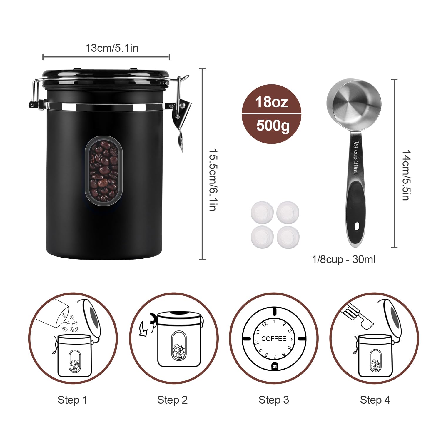 Recipiente hermético de café de 1500 ml con ventana transparente de seguimiento de fecha, almacenamiento de granos de café de 22 onzas líquidas con cuchara de medición de 30 ml y válvula de 4 CO2,