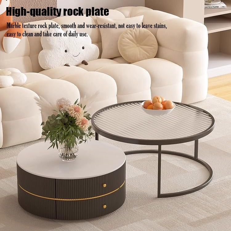 ダブル引き出し付きラウンドソリッドコーヒーネストテーブル、ティーテーブルサイドエンドソファテーブル、リビングルーム、ベッドルーム、複