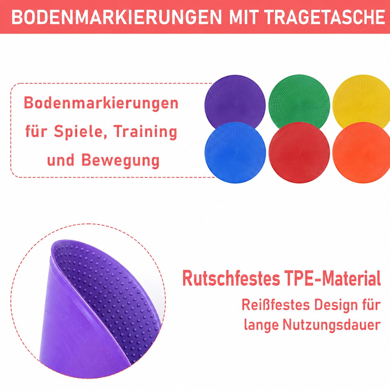 60 Stück Markierungsscheiben 15 cm, rutschfeste Bodenmarker in 6 Farben