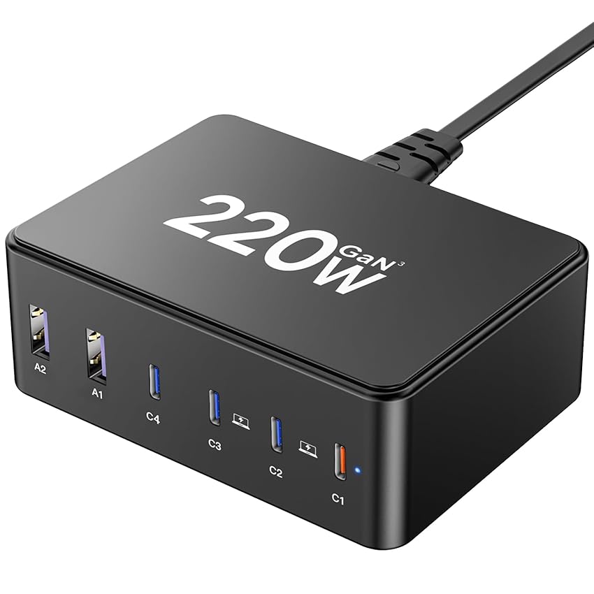 Immagine del prodotto 220W Caricatore USB C, 6-Port GaN Stazione di Ricarica Multipla mit 4 USB-C e 2 USB-A PD 100W PPS 3.3 Fast Charger, Caricabatterie per MacBook Pro Laptop iPhone iPad Samsung Huawei
