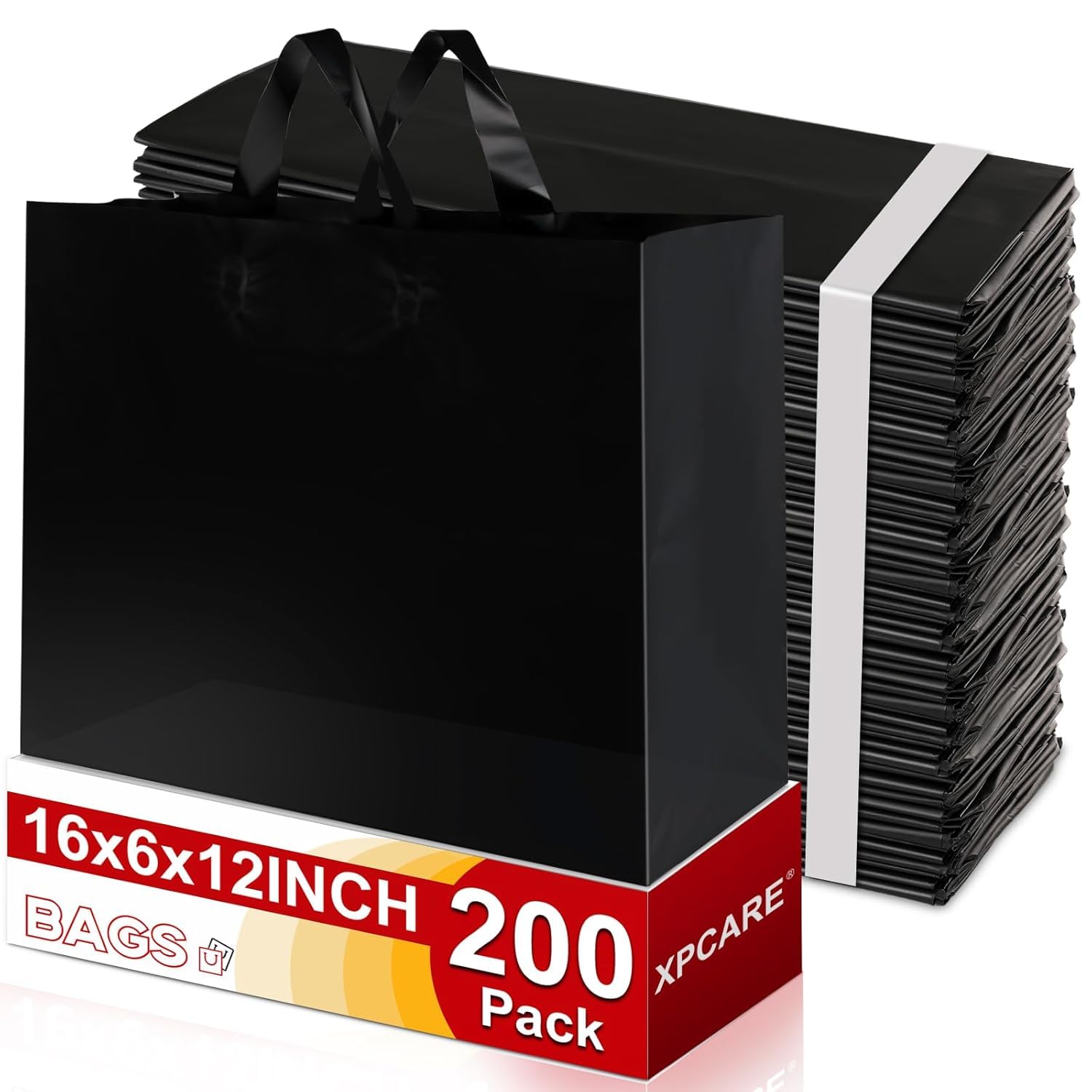 XPCARE 200Pack Frosted Plastic Gift Bags, 16x6x12 Black Plastic Shopping Bags with Handles for Small Business, Boutiques, Retail Stores, Gifts &