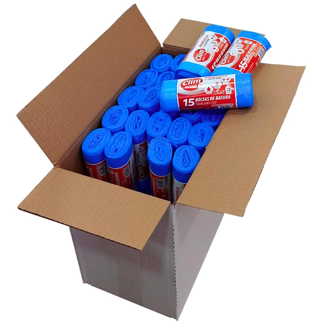 Clim Profesional 840 Bolsas de Basura Perfumadas con Autocierre para Cubo Doméstico de 30 litros. Rollo 15 uds. Caja con 56 rollos 55x60 cm