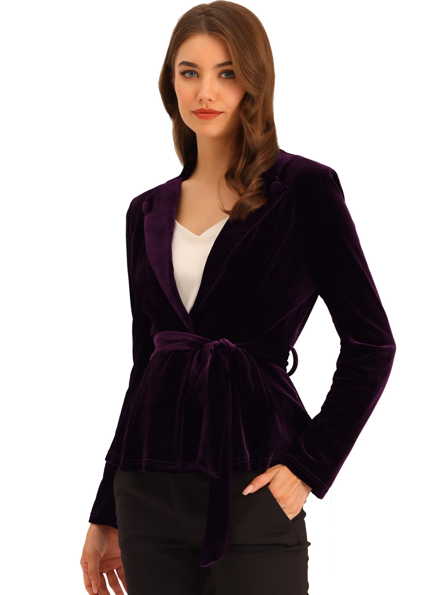 Allegra K Womens Work Office Velvet Belted Lapel Collar Blazer Jacket
