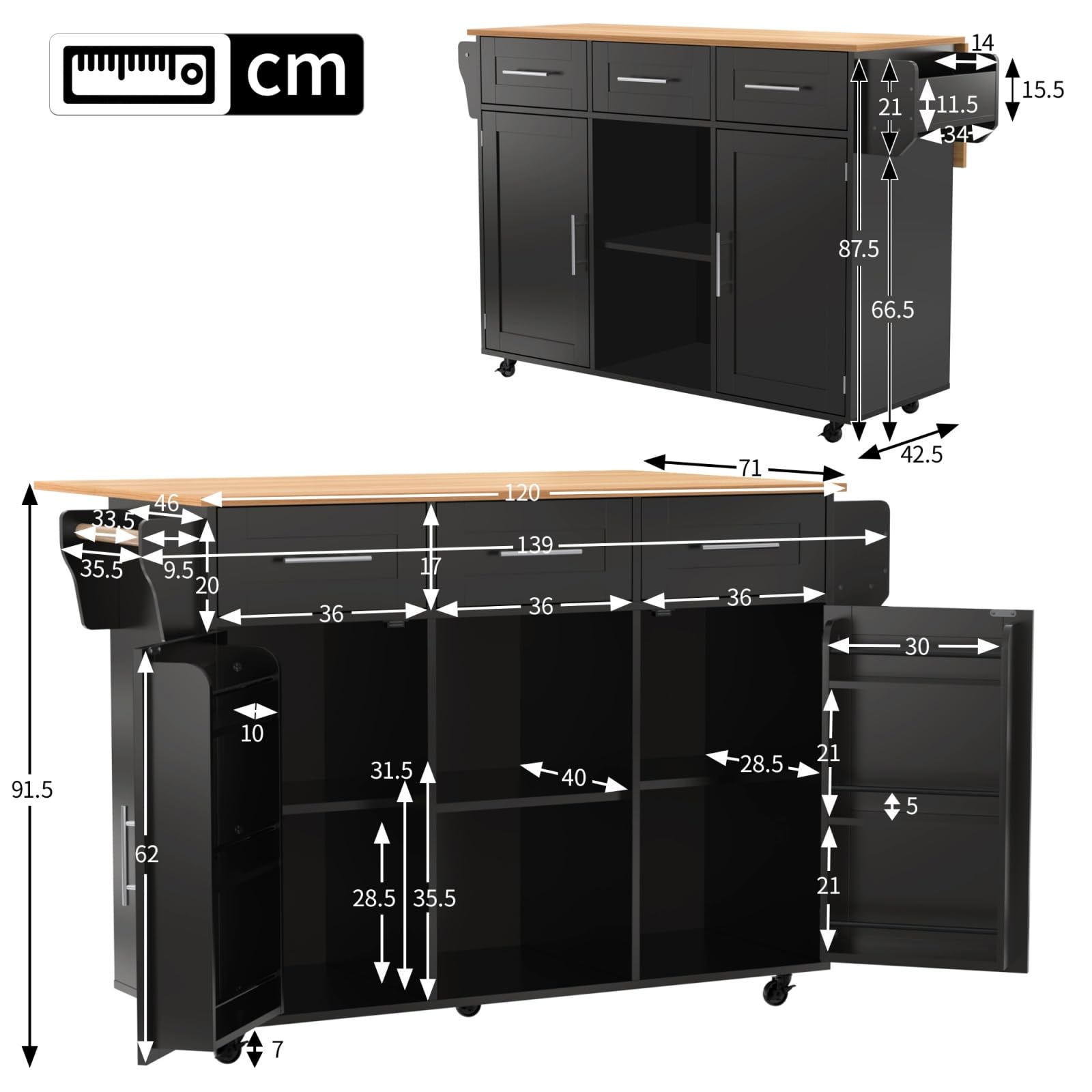 YEHTOKHOME Îlot Central Cuisine avec Plan Rabattable, Desserte de Cuisine à roulettes, Buffet Salle a Manger avec 2 Portes et 2 Tiroirs, Étagère à Épices,Porte-Serviettes (Noir)