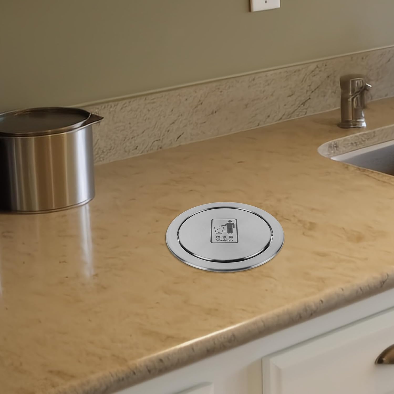 Alipis Stainless Steel Recessed Kitchen Trash Bin Lid with Built Swing Flap Embedded Countertop Garbage Can Cover for Home Restaurant Bathroom and Easy to Clean