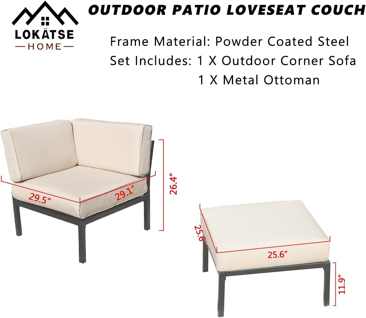 LOKATSE Home 2 Piece Corner & Armless Sofa Outdoor Furniture Sectional Couch Set Patio Loveseat
