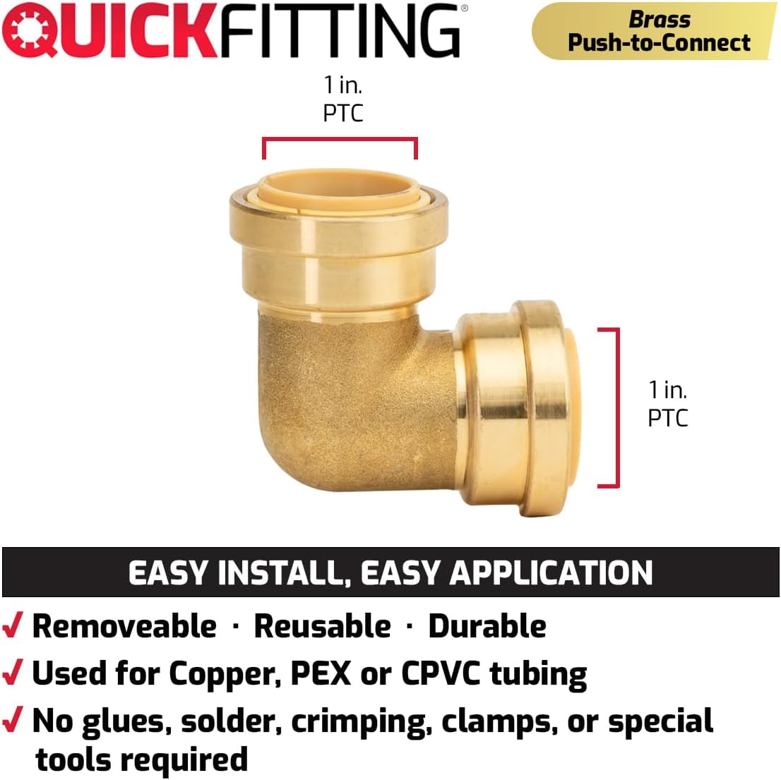 QuickFitting 1 Inch 90 Degree Elbow, Push to Connect Brass Plumbing Fitting with Slip Clip Disconnect Tool, for Copper, PEX and CPVC, 2 Pack