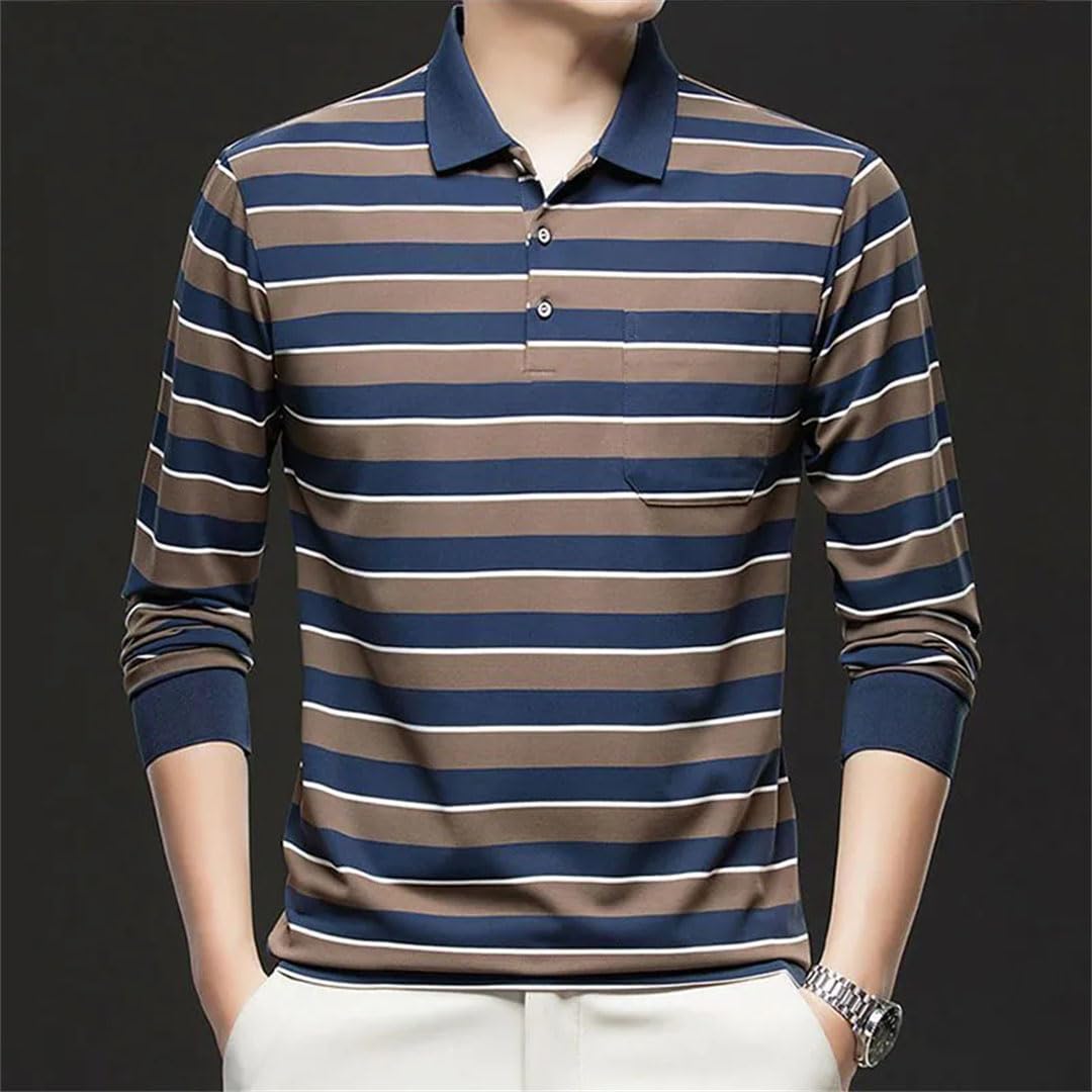 Polo da uomo in cotone tinta unita a maniche lunghe sottili belle tasche colletto rovesciato a righe pannelli allentati top