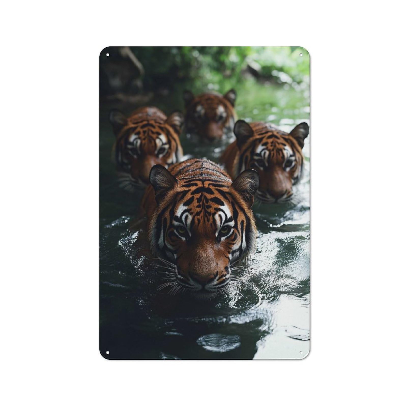 Tin Sign with Tigers Swimming in Water Design 30x20cm, Creative Creative Space Decor for Home Office, Reading Corner Or Bedroom