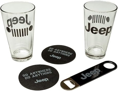 Detroit Shirt Company Jeep Pint Glass Gift Set 2 Glasses, Recycled Tire Coasters, Bottle Opener Off-Road Jeep Gift for Men Licensed Set