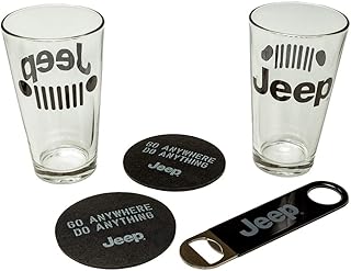 Detroit Shirt Company Jeep Pint Glass Gift Set – 2 Glasses, Recycled Tire Coasters, Bottle Opener – Off-Road Jeep Gift for Men – Licensed Set
