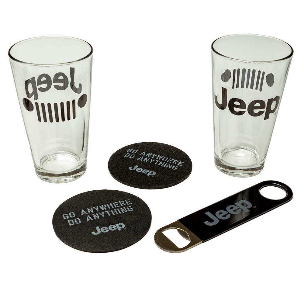 Jeep Pint Glas Geschenk-Set 2 Gläser und Untersetzer plus Flaschenöffner