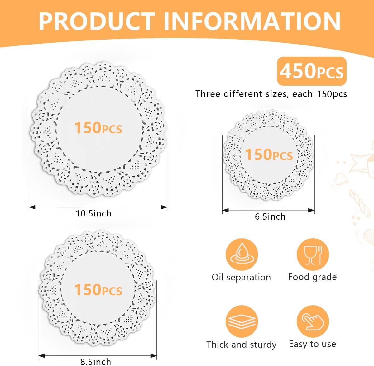 SenseYo 450 Pcs Round Paper Doilies 6.5/8.5/10.5 Inch Disposable Lace Paper Doily Placemats Bulk for Food Cakes Desserts Trays Crafts Table Decor Party White