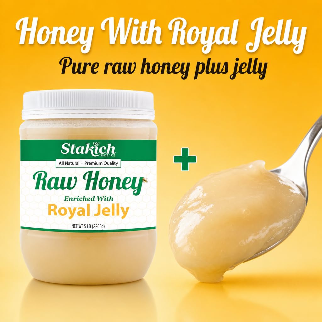 Stakich Royal Jelly Enriched Raw Honey - Pure, Unprocessed, Unheated - 5 Pound (80 Ounce) image 4