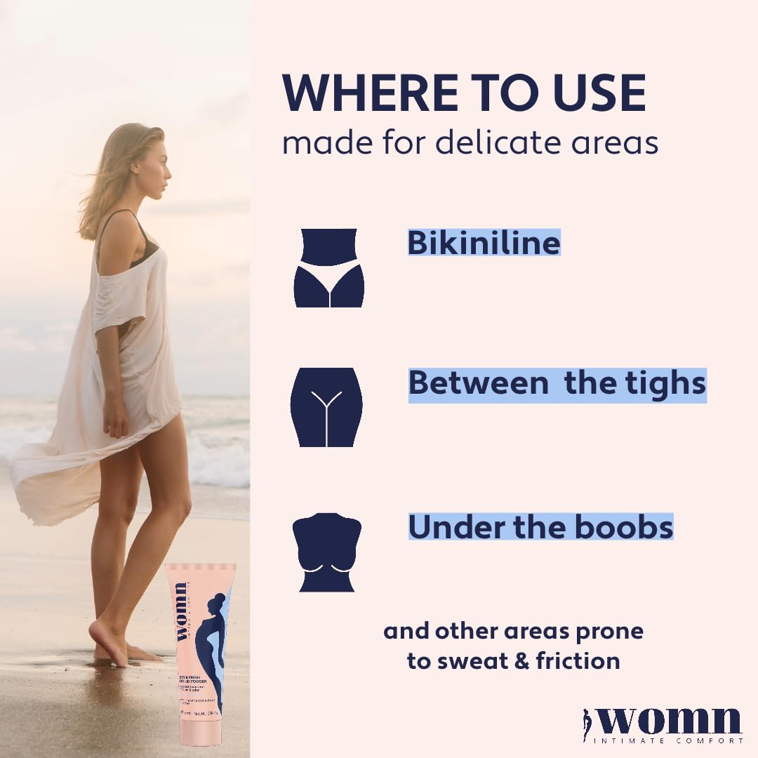 womn Liquid Body Powder for Women, Sweat, Chafing & Odor Relief 1.7 fl oz | Talc-free cream-to-powder formula. Absorbs moisture, helps reduce friction & odor. For groin, underboob & inner thighs.