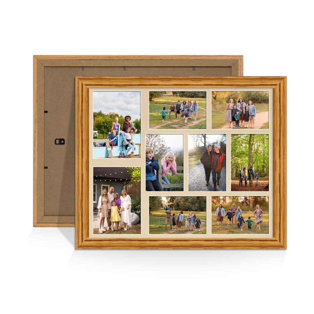 Procut Global 20X16 Oak Photo Frames For Multiple Pictures with Ivory Mount-Classic Collage Frame with 9 Apertures (2x) 7x5, (7x) 6x4-Engineered Wood with Shatterproof Perspex