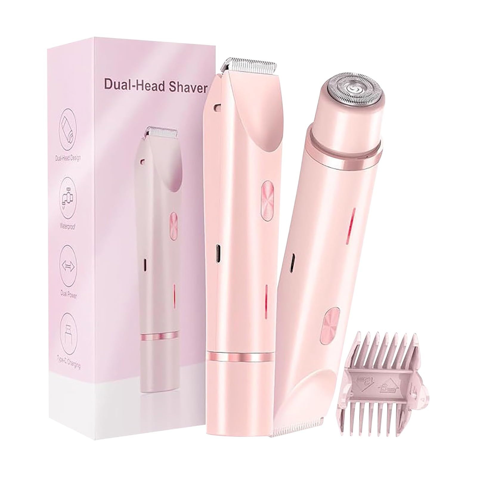 Afeitadora eléctrica 2 en 1 de doble cabeza, impermeable, húmeda y seca, recortadora de vello corporal y removedor de vello facial para axilas, piernas, brazos, cuerpo y cara (rosa)