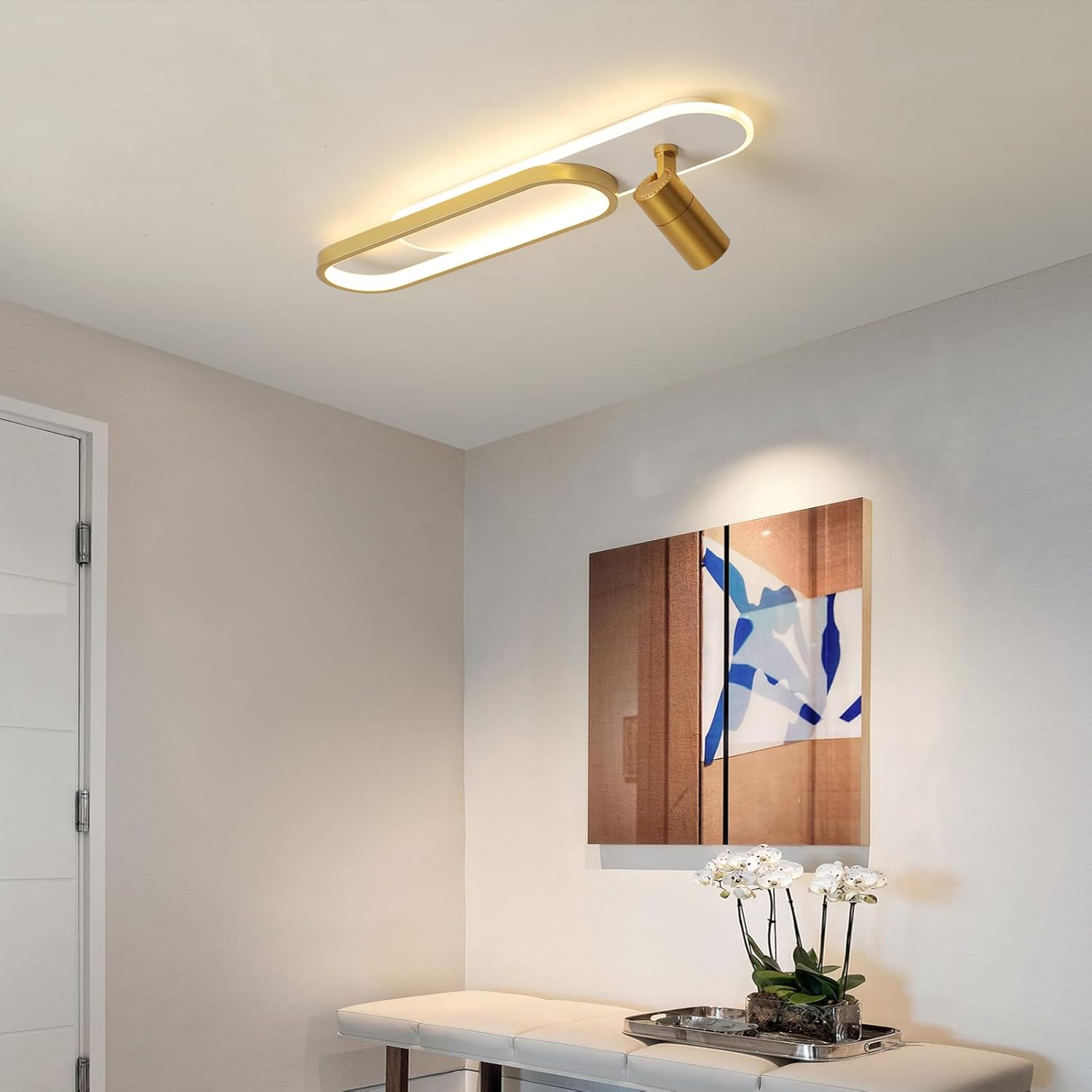 Modern LED Ceiling Light with 1 Spotlights Gold Ceiling Lamp 40W with Remote Control Dimmable Linear Ceiling Light for Bedrooms Restaurant Kitchens Balconies Aisles Hallway(31.4inch) gold-31.4inch-1pack Gold