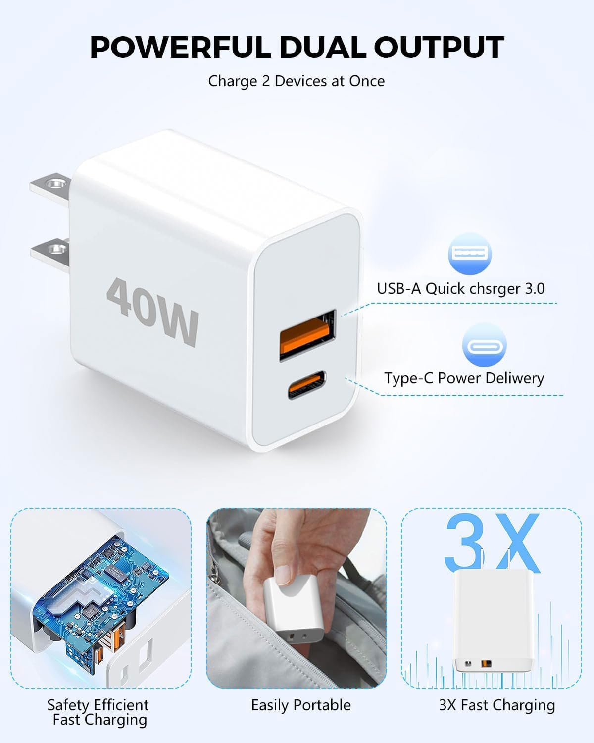 40W Fast Charging kit, 2 Pack wall Charger with USB-C and USB-A Ports and 6-Foot Type-C to Type-C Data Cable, Suitable for iPhone 17/17 Pro/17 Pro Max/Air/16/16 Pro Max/15/15 Plus and iPad Pro/Air.