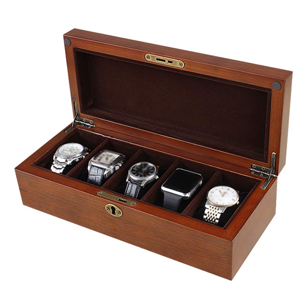 Tapa de vidrio 5 Cajas de reloj Mujeres Caja de almacenamiento de exhibición de joyería de madera Caja de pulsera Bandeja de hebilla de metal con cerradura y 5 almohadas de almacenamiento extraíbles