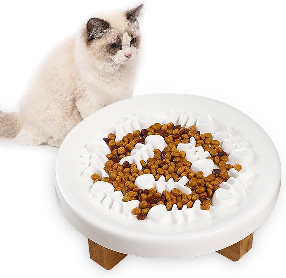 pawstrip Raised Slow Feeder Cat Bowl Ceramic Pet Puzzle Feeder with Stand Slow Eating Cat Bowl Elevated Cat Plate Whisker Friendly Kitten Dish