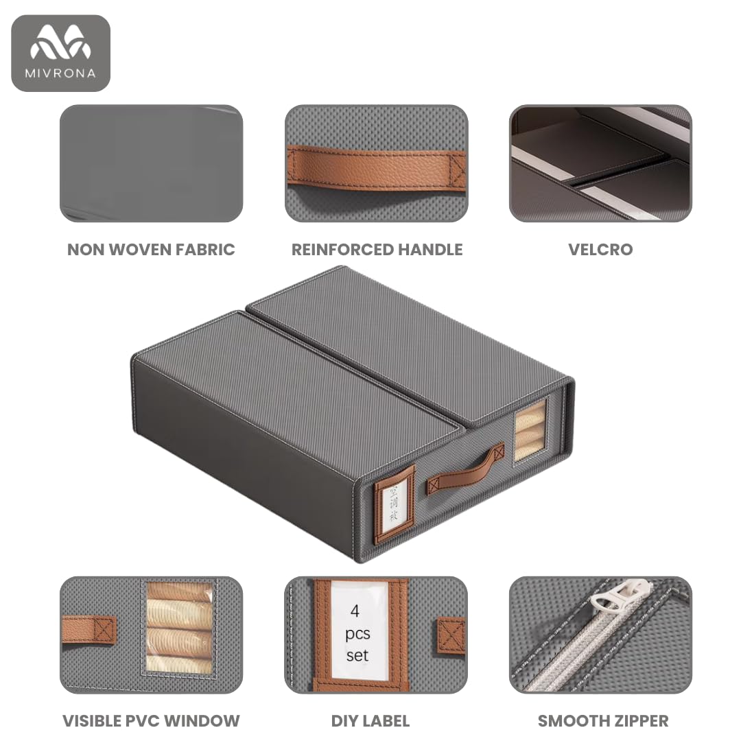 Pack of 4 Bed Sheet Organizers and Storage - Foldable Storage Box with Label holder & Clear Window – Durable Fabric, Perfect for Closets & Easy Organization - For Sheets, Blankets & Towels (Gray)