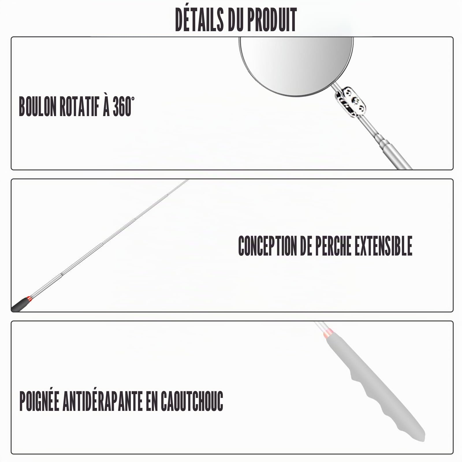 Lot de 6 miroirs d'inspection escamotables - Miroir télescopique - Outil magnétique télescopique avec lampe LED - Miroir d'inspection carré rond - Poignée télescopique rotative à 360°