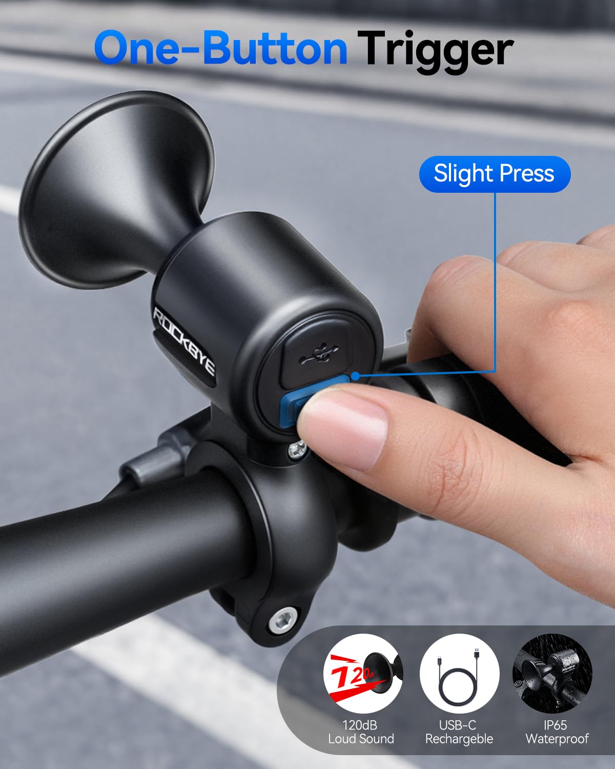 E-Bike-Hupe, 120 dB, laute Fahrradhupe für 22,2–25,5 mm runde Lenker, per USB wiederaufladbar, IP65 wasserdicht, einfache Installation für Mountainbike/E-Bike/Roller/Erwachsene