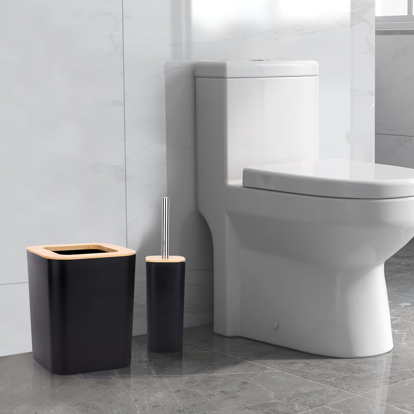 Set Bagno Accessori Completo - 6 Pezzi Set Accessori Bagno in bambù, set con bottiglie per lozione, portaspazzolino, tazza da denti, portasapone, spazzolino, cestino