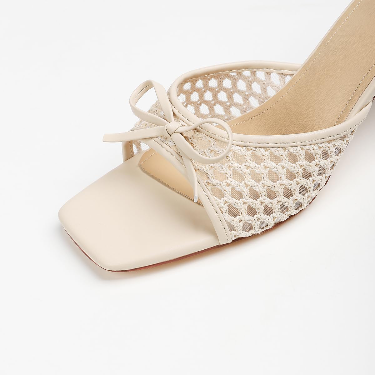 Mule Donna in Pizzo Mesh con Fiocco e Punta Quadrata, Tacco a Spillo 8cm - Bianco Panna