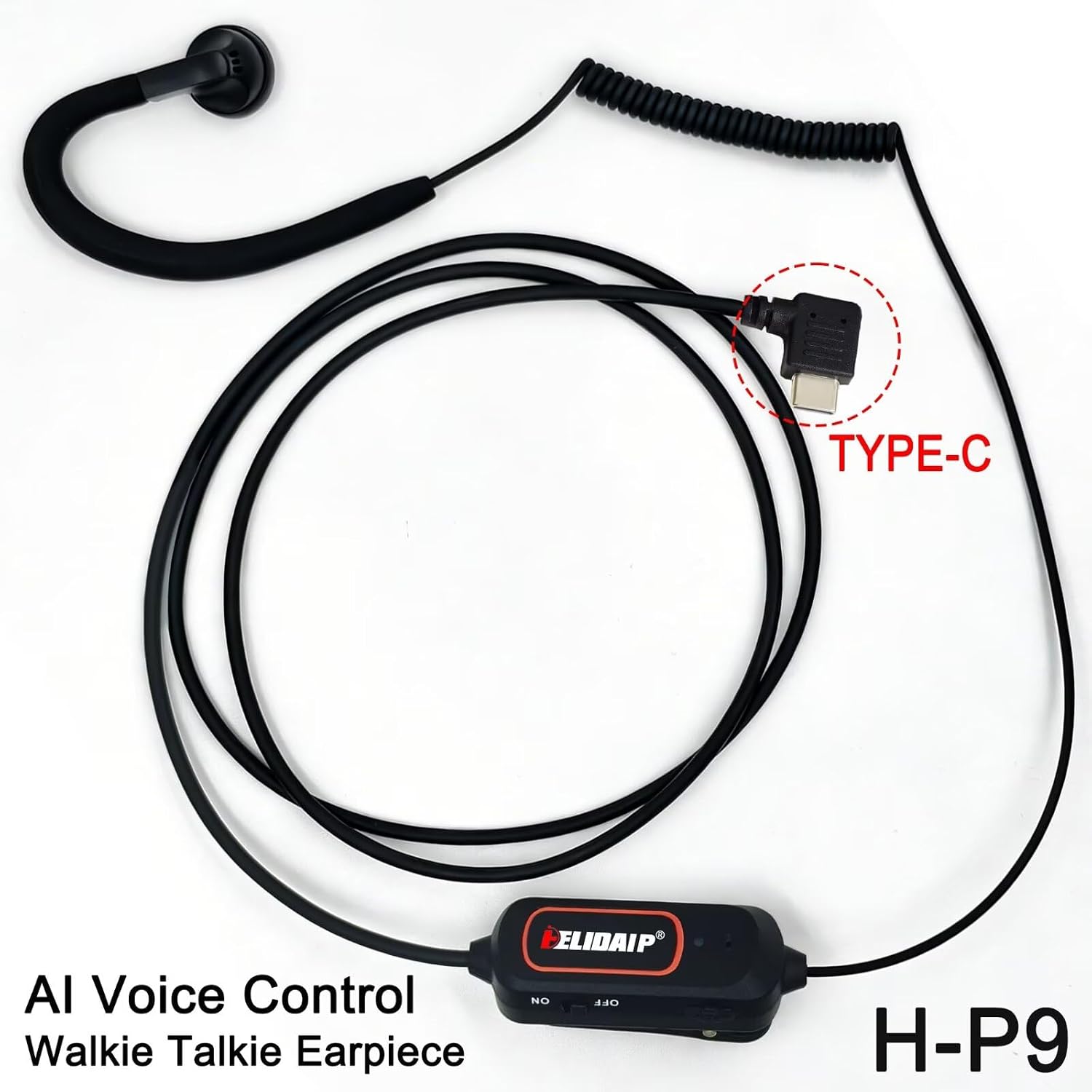 H-P9 USB-C Radio Earpiece with AI Voice Control Hands-Free Headset | Walkie Talkie Earpiece with Mic&PTT, Noise Suppression, Compatible with Most Walkie Talkies with Type-C Audio Port, 1-Pack