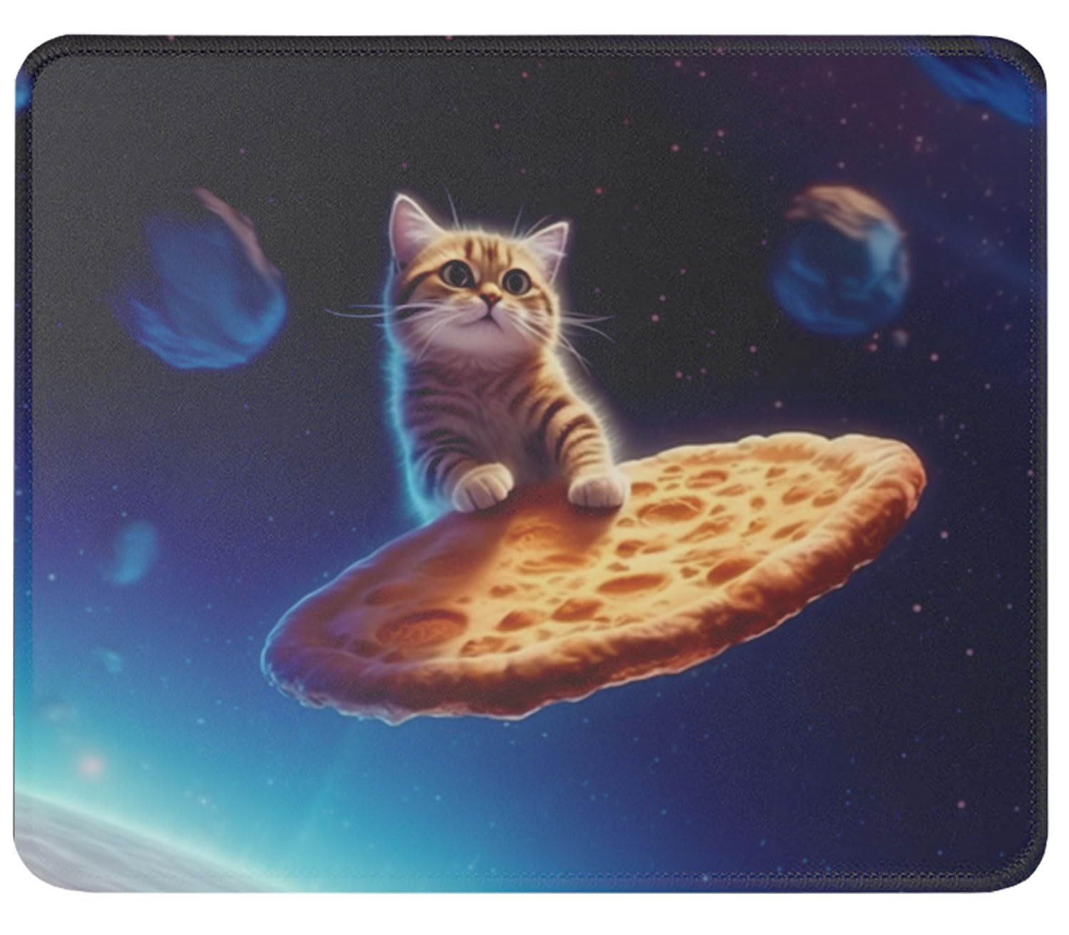 Curious Cat Flying A Pizza in Astronaut Space Mouse Pad - Space Gifts Cat Mom Cat Dad Mousepad - Cat Lover Gifts - Funny Mouse Mat Office Desk Decor 9.5 in