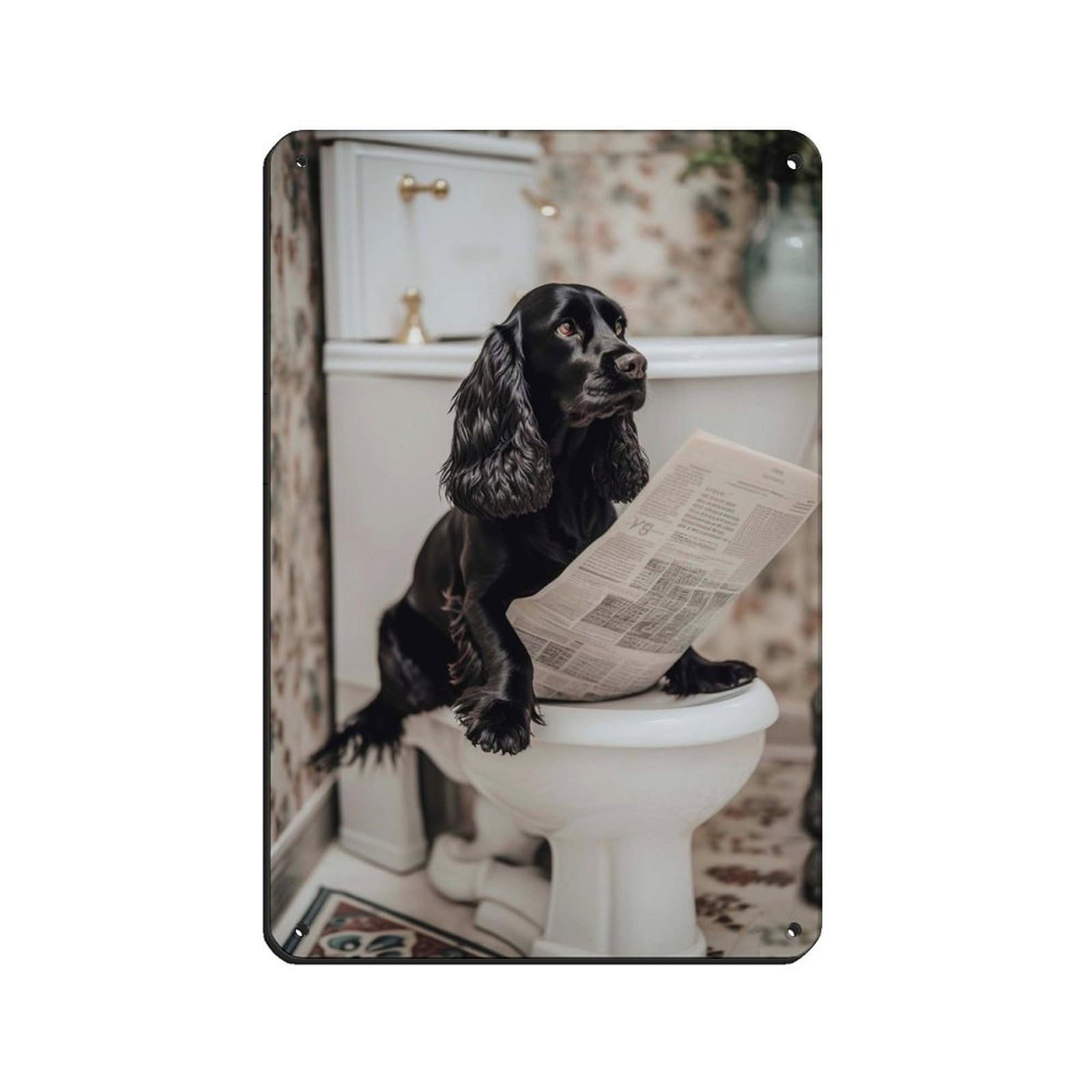 Cocker Spaniel on Toilet Reading The Newspaper Tin Sign Vintage Metal Pub Club Cafe Bar Home Wall Art Decoration Poster Retro 8x12inch(20x30cm)