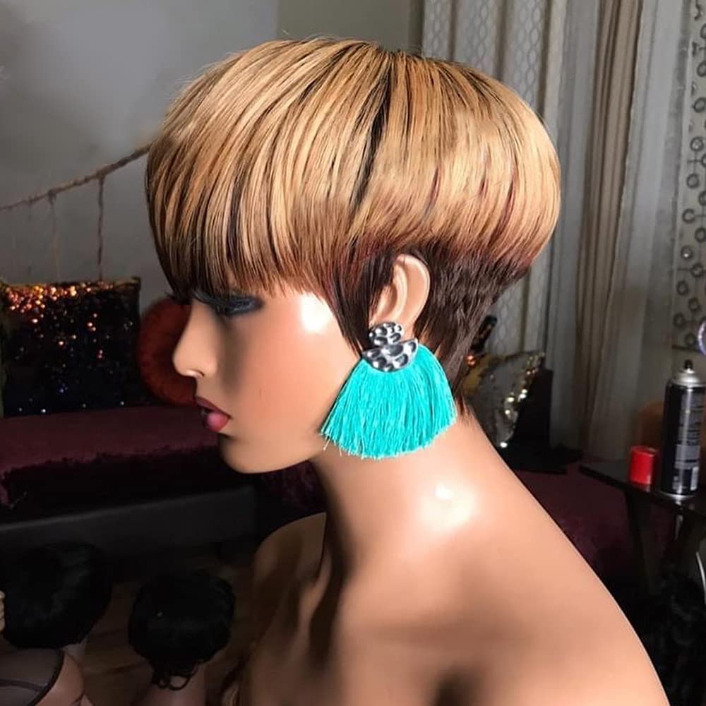 Bulapla Ombre Pixie Cut Wig Human Hair Short Bob None Lace Front Wig with Bangs Straight 3 Tone Full Machine Made Wig Brazilian Remy Human Hair 1B/33/27 (8 Inch, 130%Density)…