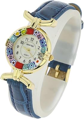Glass Of Venice Murano Glass Millefiori Luxury Women's Watch with Leather Band - 7/8 Inch Face, Blue Band, Multicolor Millefiori Face. Made in Italy