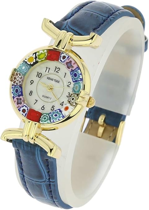 Glass Of Venice Murano Glass Millefiori Luxury Women's Watch with Leather Band - 7/8 Inch Face, Blue Band, Multicolor Millefiori Face. Made in Italy
