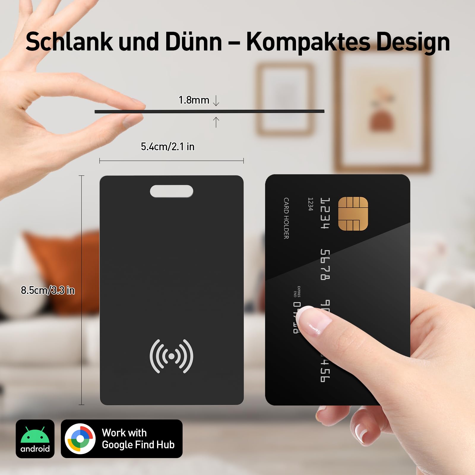 Wallet Tracker Karte für Android Wiederaufladbares Air Tag Card, Kompatibel mit der Google Find Hub App (Android nur), 1.8mm Ultra-Dünner, Kabelloses Laden, IP68 Wasserdicht, für Schlüssel, Gepäck