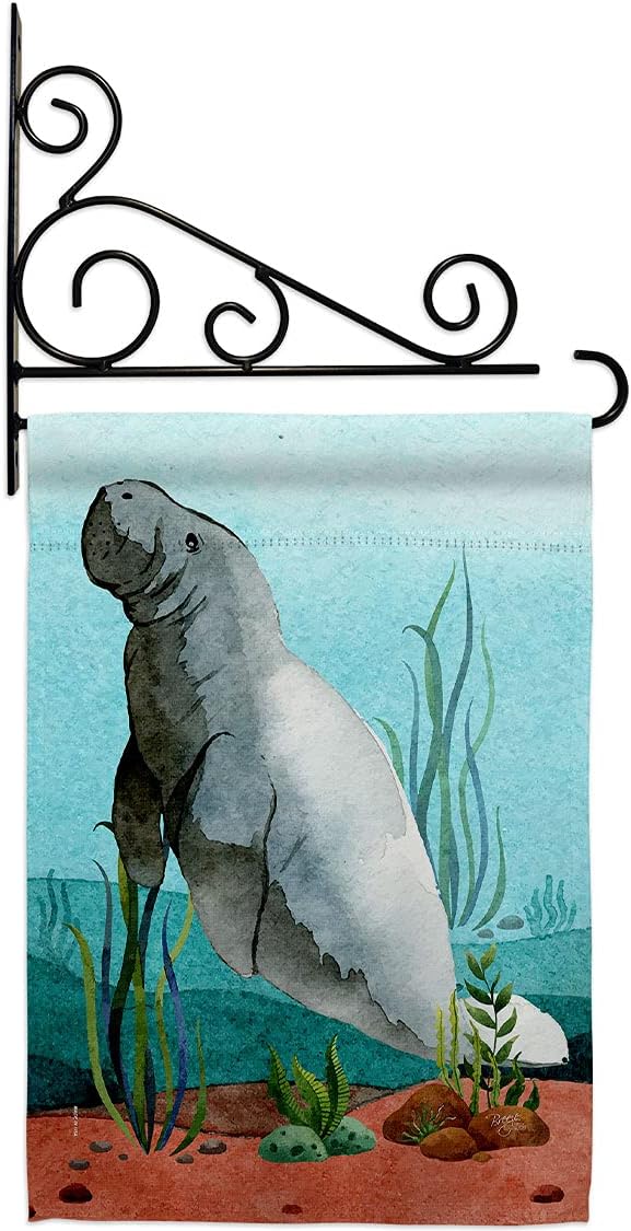 Manatees Garden Flag Set Wall Holder Animals Sea Creature Nautical Ocean Fish Outdoor Summer Marine Small Decorative Gift Yard House Banner Made In USA 13 X 18.5