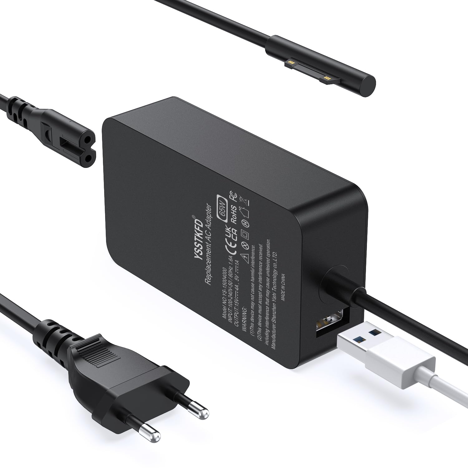 Surface Charger 65W Compatible with Microsoft Surface Pro 11/10/9/8/Pro 7/7+/Pro 6/5/Pro 4/3/X, Surface Laptop 7/6/5/4/3/2, Surface Go 4/3/2/1, Surface Book 3/2/1, Power with One USB Port